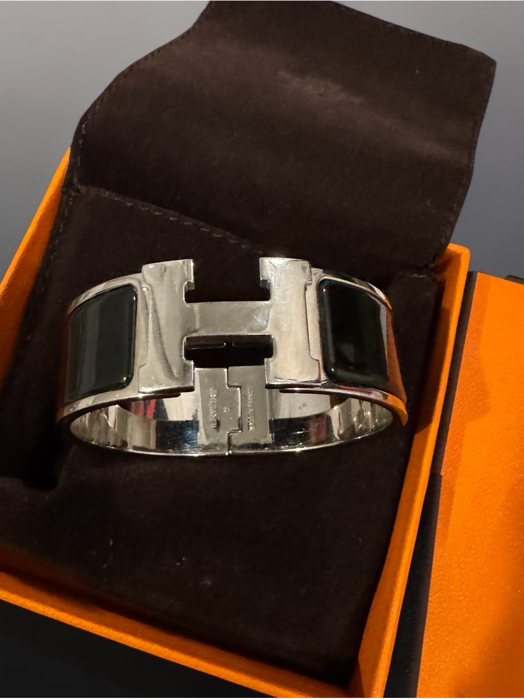 Hermes Silver-Tone Cuff Bracelet With Black Enamel Panels